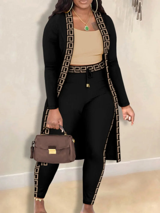 Conjunto de 2 piezas de talla grande para otoño e invierno, para mujer, con estampado de camisola, cuello en U, manga larga, cordón ajustable, pantalones ajustados de tres piezas