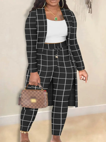 Conjunto de 2 piezas de talla grande para otoño e invierno, para mujer, con estampado de camisola, cuello en U, manga larga, cordón ajustable, pantalones ajustados de tres piezas