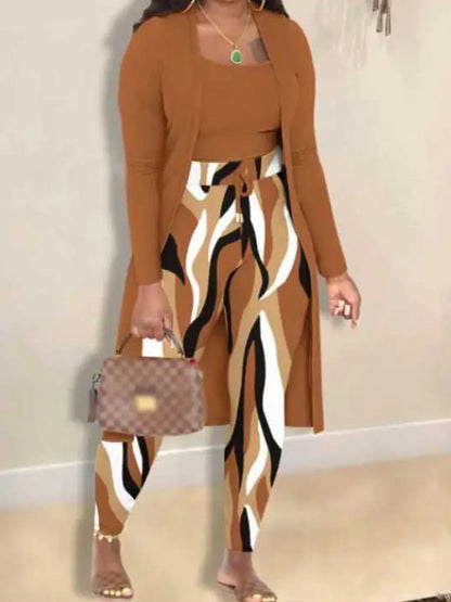 Conjunto de 2 piezas de talla grande para otoño e invierno, para mujer, con estampado de camisola, cuello en U, manga larga, cordón ajustable, pantalones ajustados de tres piezas