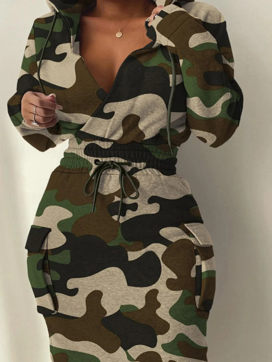 Plus Size Camo Print Side Pocket Cargo Dress 2025 Women Autumn