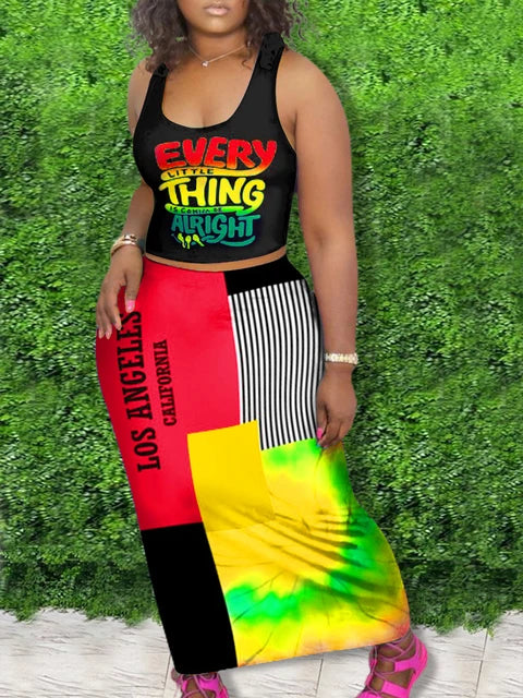 Plus Size Casual Outfits Two Piece Set Women¡¯s Letter Print Round Neck Crop Tank Top – Trendy Plus Size Fashion