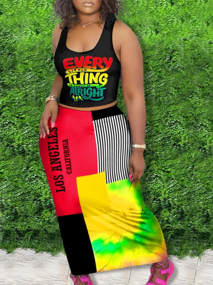 Plus Size Casual Outfits Two Piece Set Women¡¯s Letter Print Round Neck Crop Tank Top – Trendy Plus Size Fashion