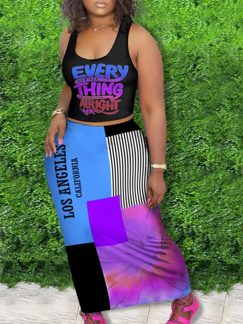 Plus Size Casual Outfits Two Piece Set Women¡¯s Letter Print Round Neck Crop Tank Top – Trendy Plus Size Fashion