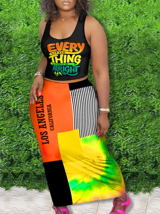Plus Size Casual Outfits Two Piece Set Women¡¯s Letter Print Round Neck Crop Tank Top – Trendy Plus Size Fashion