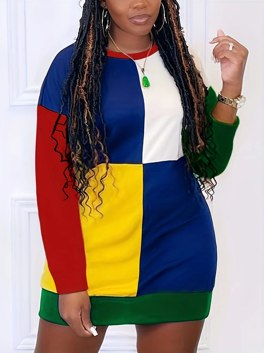 Vestido de talla grande con parches de color y cuello redondo para mujer, minivestido recto de manga larga con hombros descubiertos para otoño e invierno