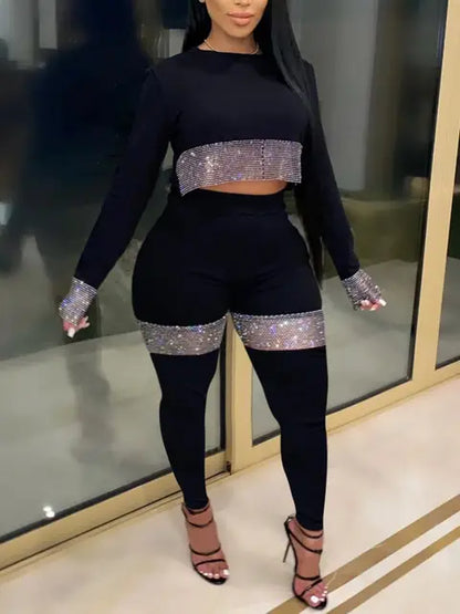 Conjunto de top corto de talla grande con lentejuelas transparentes, elegante y sexy, de dos piezas, de manga larga y cuello redondo para otoño