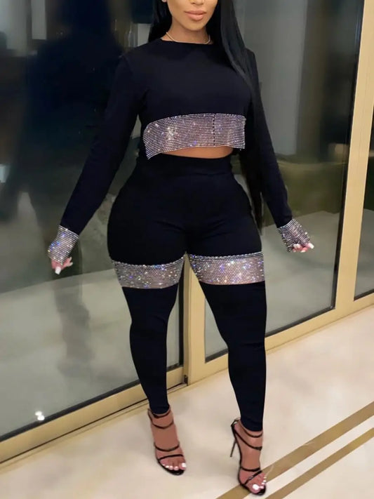 Conjunto de top corto de talla grande con lentejuelas transparentes, elegante y sexy, de dos piezas, de manga larga y cuello redondo para otoño