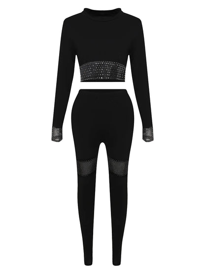 Conjunto de top corto de talla grande con lentejuelas transparentes, elegante y sexy, de dos piezas, de manga larga y cuello redondo para otoño