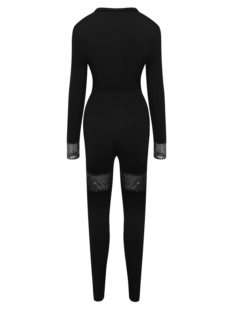 Conjunto de top corto de talla grande con lentejuelas transparentes, elegante y sexy, de dos piezas, de manga larga y cuello redondo para otoño