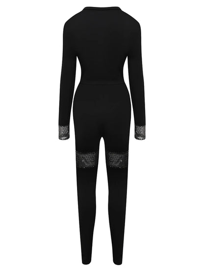 Conjunto de top corto de talla grande con lentejuelas transparentes, elegante y sexy, de dos piezas, de manga larga y cuello redondo para otoño
