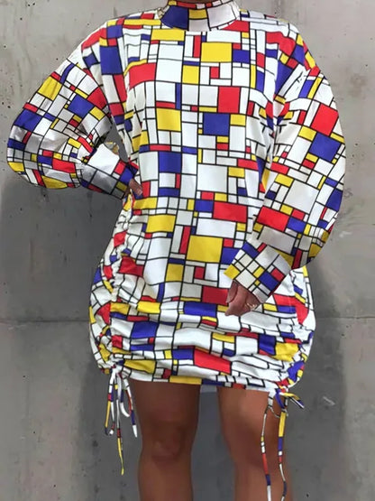 Vestido camisero holgado de talla grande con cuello alto, manga farol, cuello alto, recto y cordón ajustable para mujer