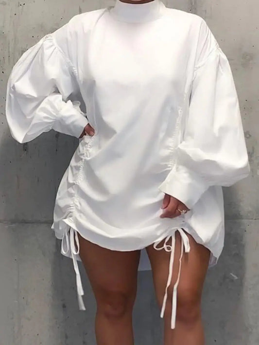 Plus Size Half Turtleneck Fold Design Shirt Dress Lantern Sleeve Loose Mock Neck Straight Drawstring Women’s Dress