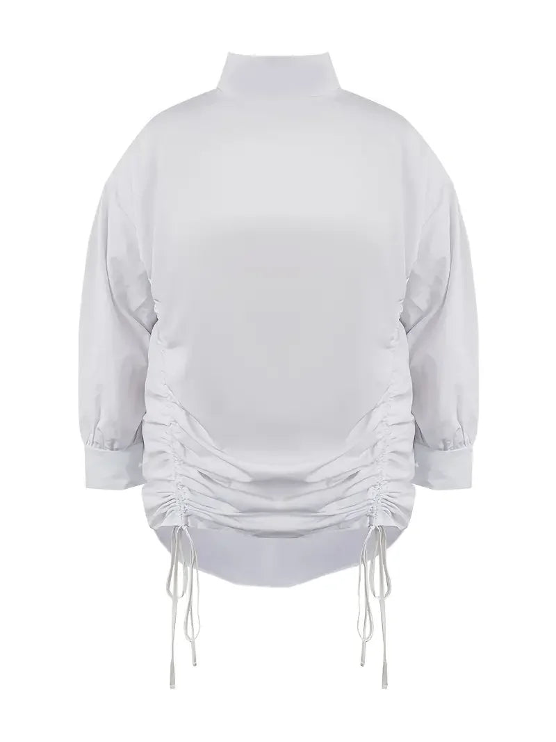 Vestido camisero holgado de talla grande con cuello alto, manga farol, cuello alto, recto y cordón ajustable para mujer