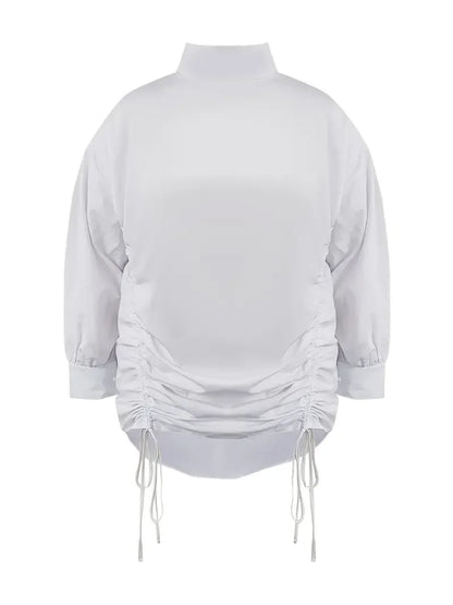 Vestido camisero holgado de talla grande con cuello alto, manga farol, cuello alto, recto y cordón ajustable para mujer