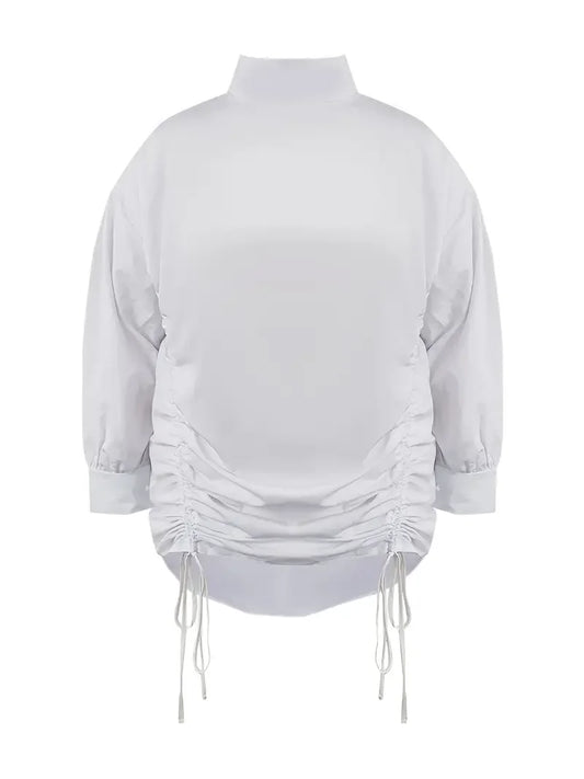 Plus Size Half Turtleneck Fold Design Shirt Dress Lantern Sleeve Loose Mock Neck Straight Drawstring Women’s Dress