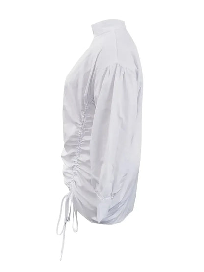 Vestido camisero holgado de talla grande con cuello alto, manga farol, cuello alto, recto y cordón ajustable para mujer