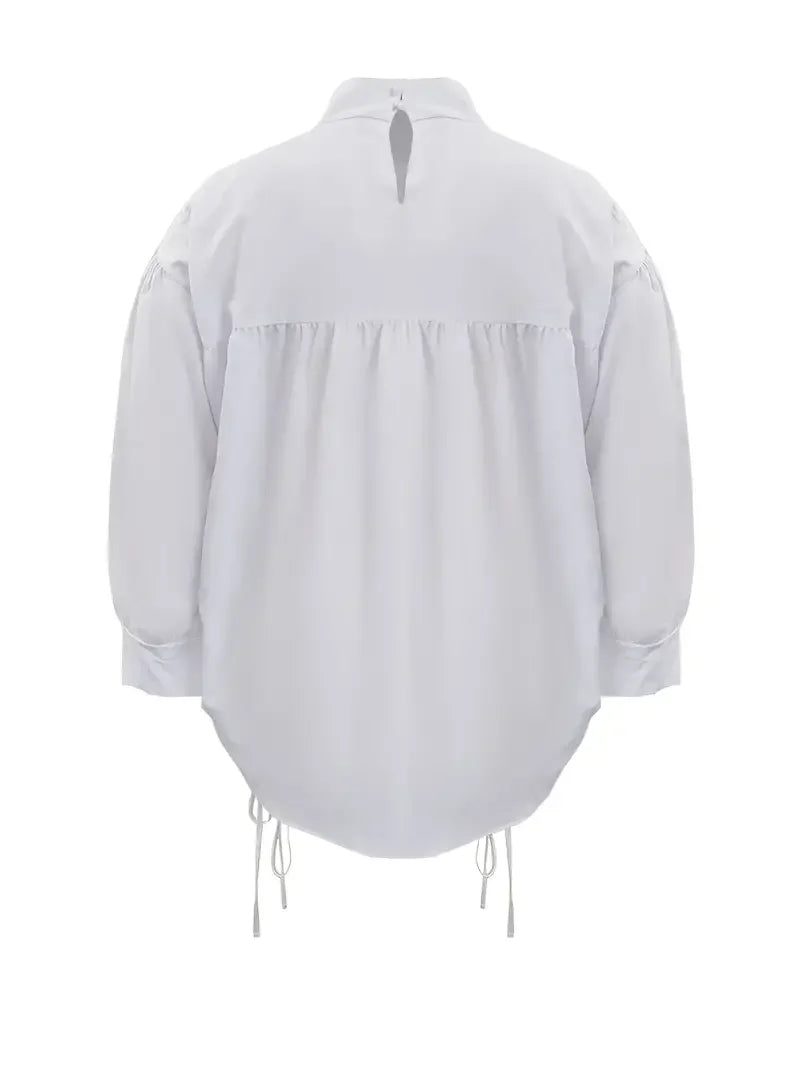 Vestido camisero holgado de talla grande con cuello alto, manga farol, cuello alto, recto y cordón ajustable para mujer