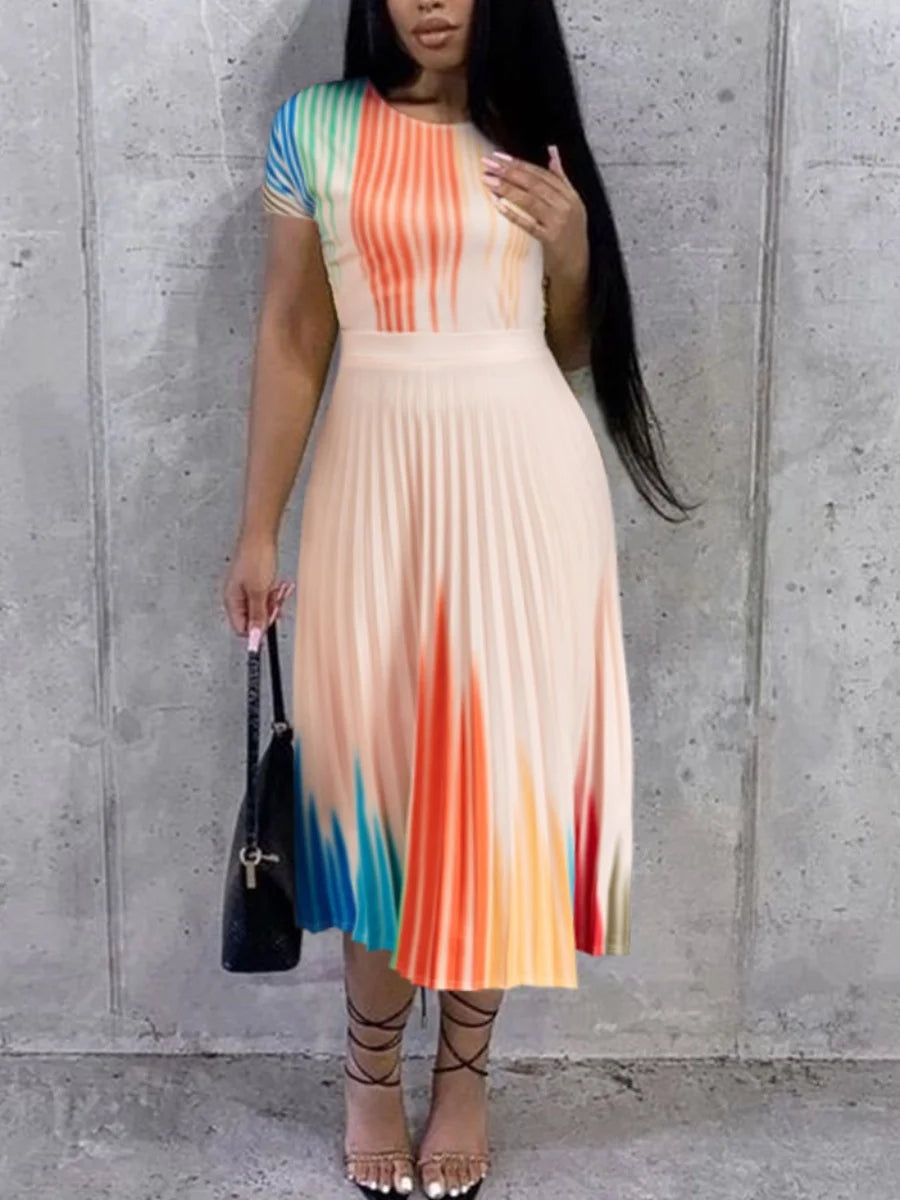 Plus Size Striped Pleated Summer Dress 2025 New Fashion Sexy Oversized A-line Long Skirt Robe