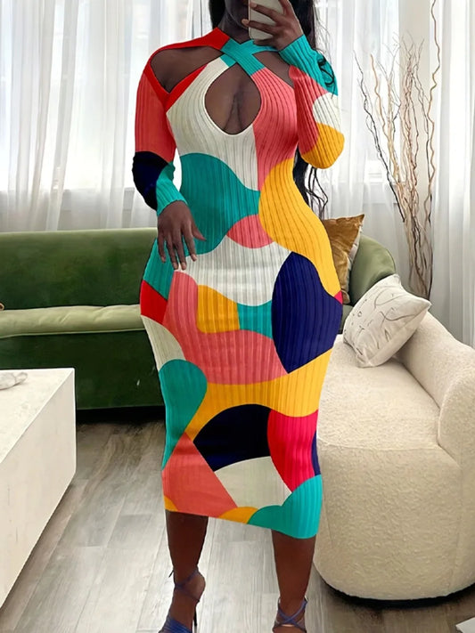 Plus Size Elegant Color Lump Patchwork Bodycon Dress Women Cold Shoulder V Neck Long Sleeve Autumn Winter Mid Calf Dresses – Elegant Plus Size Bodycon Dress