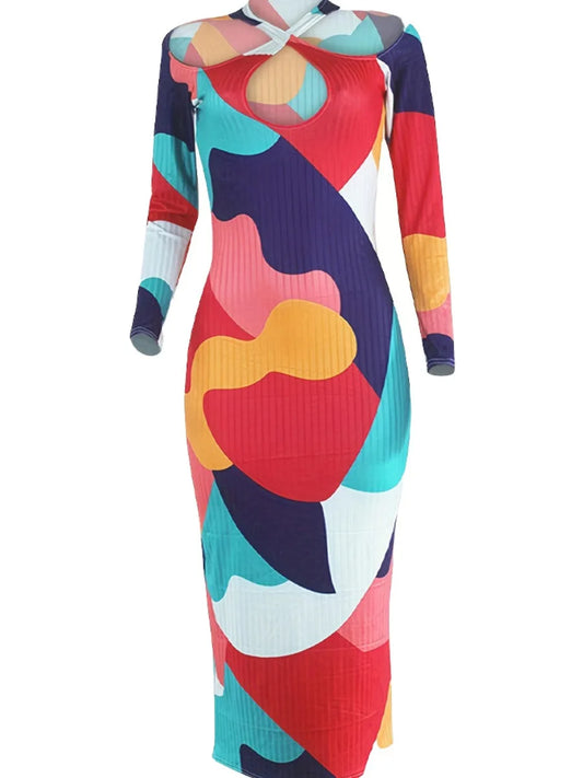 Plus Size Elegant Color Lump Patchwork Bodycon Dress Women Cold Shoulder V Neck Long Sleeve Autumn Winter Mid Calf Dresses – Elegant Plus Size Bodycon Dress