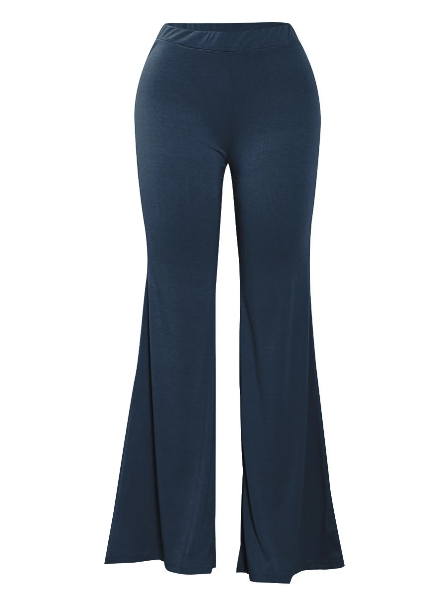 Pantalones elásticos acampanados de cintura alta de talla grande para mujer, pantalones largos de color liso, estilo informal para el hogar