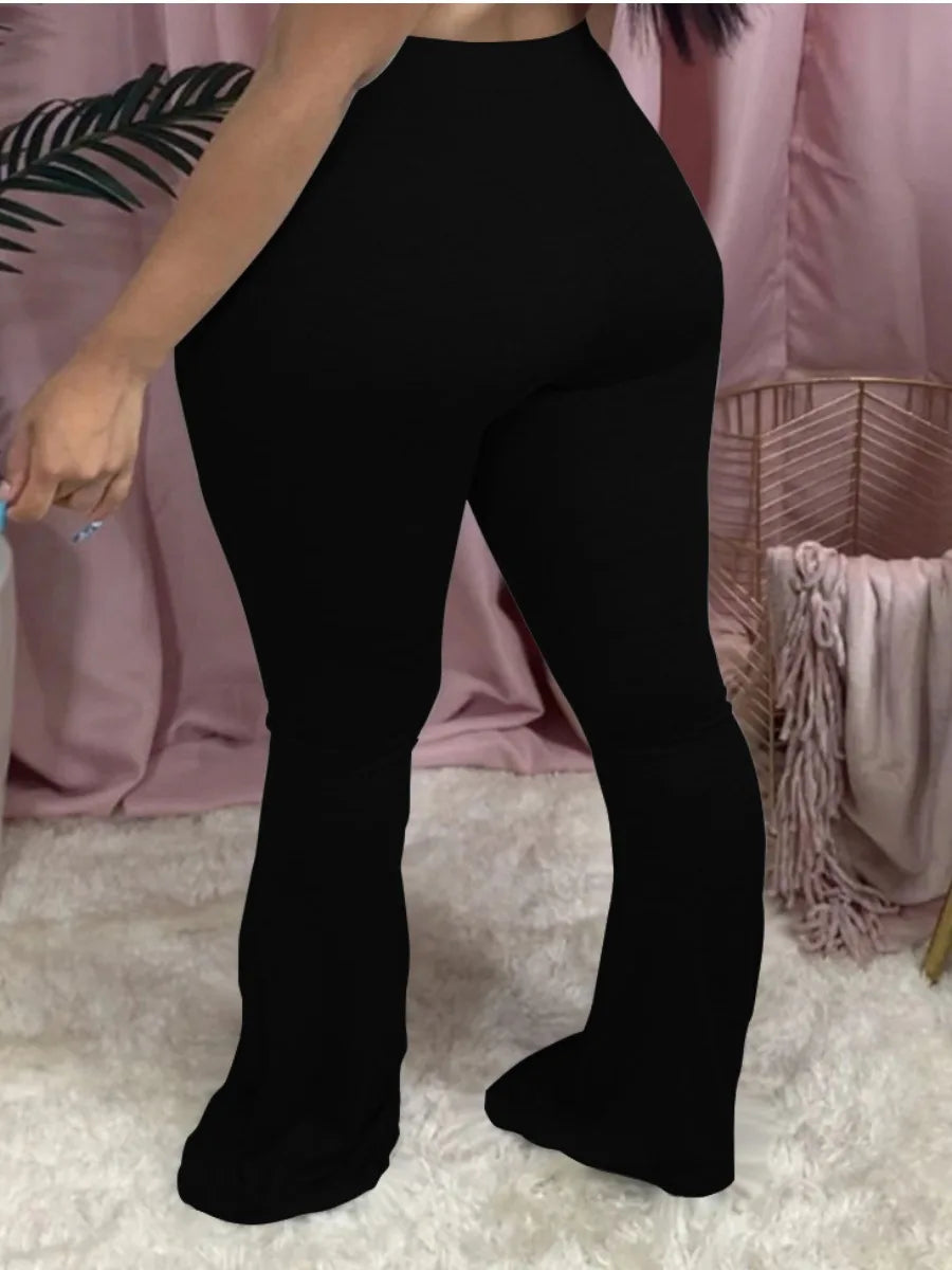 Pantalones elásticos acampanados de cintura alta de talla grande para mujer, pantalones largos de color liso, estilo informal para el hogar