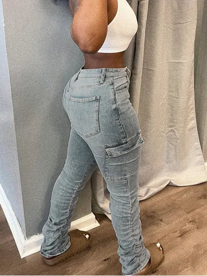 Pantalones vaqueros cargo de talla grande para mujer, de cintura alta, con bolsillos laterales y solapa, con cremallera y diseño fruncido