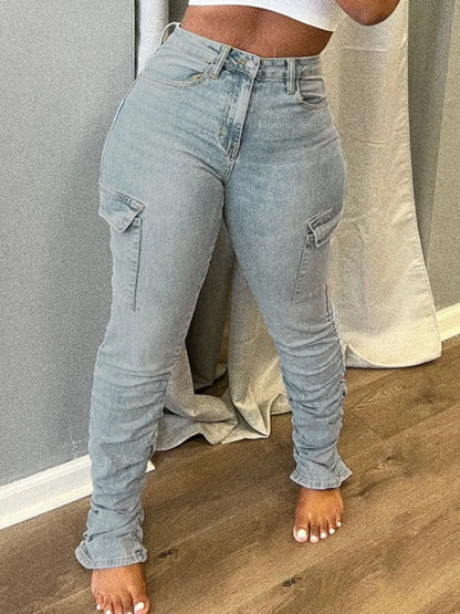 Pantalones vaqueros cargo de talla grande para mujer, de cintura alta, con bolsillos laterales y solapa, con cremallera y diseño fruncido