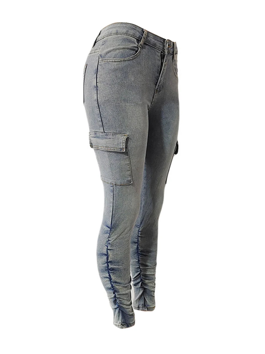 Pantalones vaqueros cargo de talla grande para mujer, de cintura alta, con bolsillos laterales y solapa, con cremallera y diseño fruncido