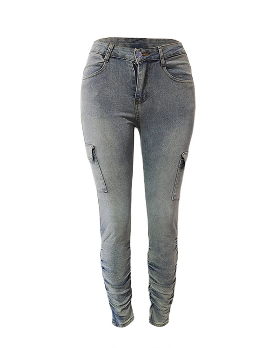 Pantalones vaqueros cargo de talla grande para mujer, de cintura alta, con bolsillos laterales y solapa, con cremallera y diseño fruncido
