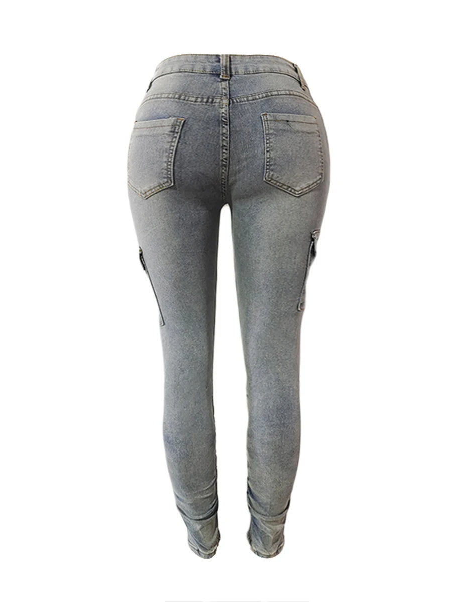 Pantalones vaqueros cargo de talla grande para mujer, de cintura alta, con bolsillos laterales y solapa, con cremallera y diseño fruncido