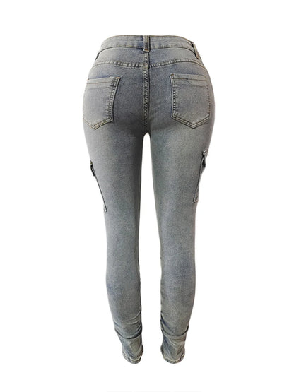 Pantalones vaqueros cargo de talla grande para mujer, de cintura alta, con bolsillos laterales y solapa, con cremallera y diseño fruncido