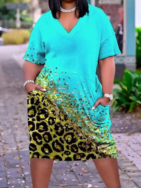 Vestido estilo camiseta de mujer con cuello en V y bolsillo de imitación de mezclilla, talla grande – Vestidos holgados de verano