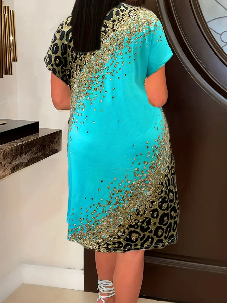 Vestido estilo camiseta de mujer con cuello en V y bolsillo de imitación de mezclilla, talla grande – Vestidos holgados de verano