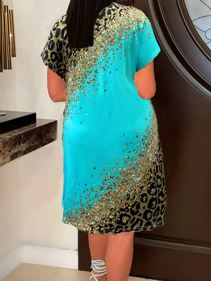 Vestido estilo camiseta de mujer con cuello en V y bolsillo de imitación de mezclilla, talla grande – Vestidos holgados de verano