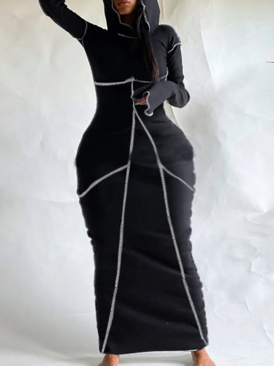 Plus Size Lady Sexy Women¡¯s Autumn Winter Dress Hooded Collar Striped Bodycon Elegant Black Long Sleeve Sweat Dresses