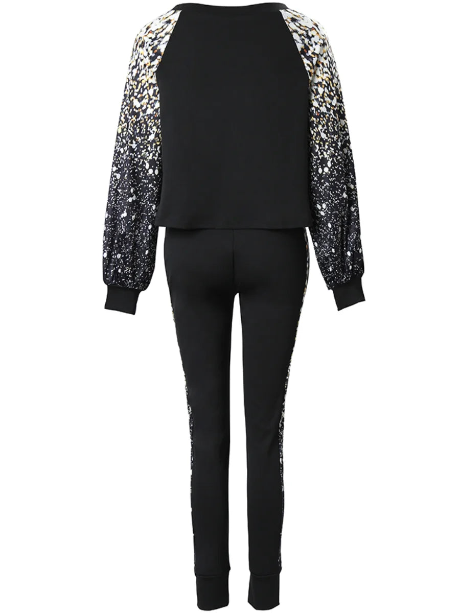 Conjunto de pantalones ajustados con estampado degradado y mangas acampanadas de talla grande para mujer, chándal de 2 piezas de alta elasticidad para otoño e invierno 2025
