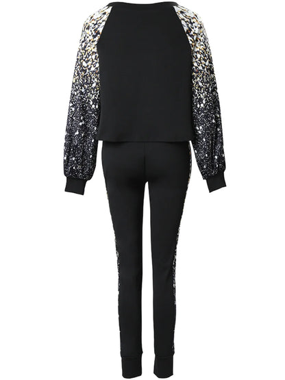 Conjunto de pantalones ajustados con estampado degradado y mangas acampanadas de talla grande para mujer, chándal de 2 piezas de alta elasticidad para otoño e invierno 2025
