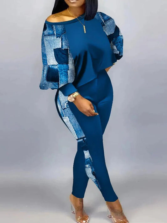 Conjunto de pantalones ajustados con estampado degradado y mangas acampanadas de talla grande para mujer, chándal de 2 piezas de alta elasticidad para otoño e invierno 2025