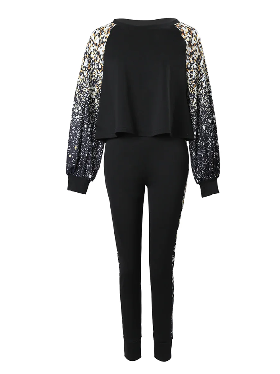 Conjunto de pantalones ajustados con estampado degradado y mangas acampanadas de talla grande para mujer, chándal de 2 piezas de alta elasticidad para otoño e invierno 2025