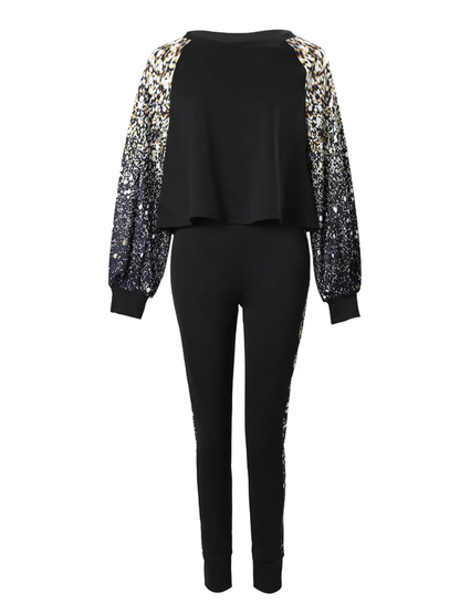 Conjunto de pantalones ajustados con estampado degradado y mangas acampanadas de talla grande para mujer, chándal de 2 piezas de alta elasticidad para otoño e invierno 2025