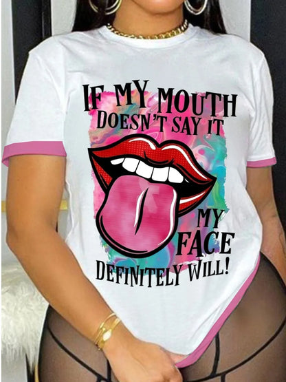 Camiseta de verano de manga corta con estampado de labios y letras de talla grande para mujer