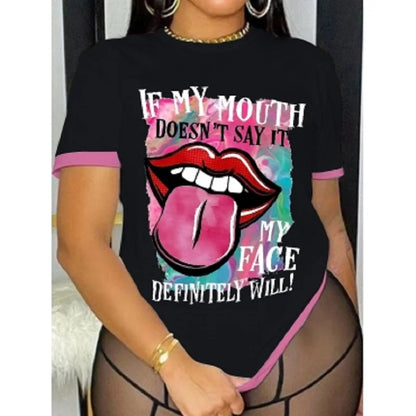 Camiseta de verano de manga corta con estampado de labios y letras de talla grande para mujer