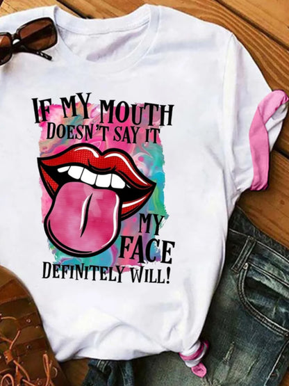Camiseta de verano de manga corta con estampado de labios y letras de talla grande para mujer