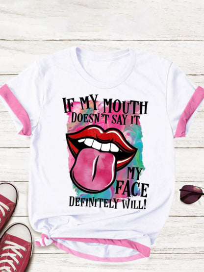 Camiseta de verano de manga corta con estampado de labios y letras de talla grande para mujer