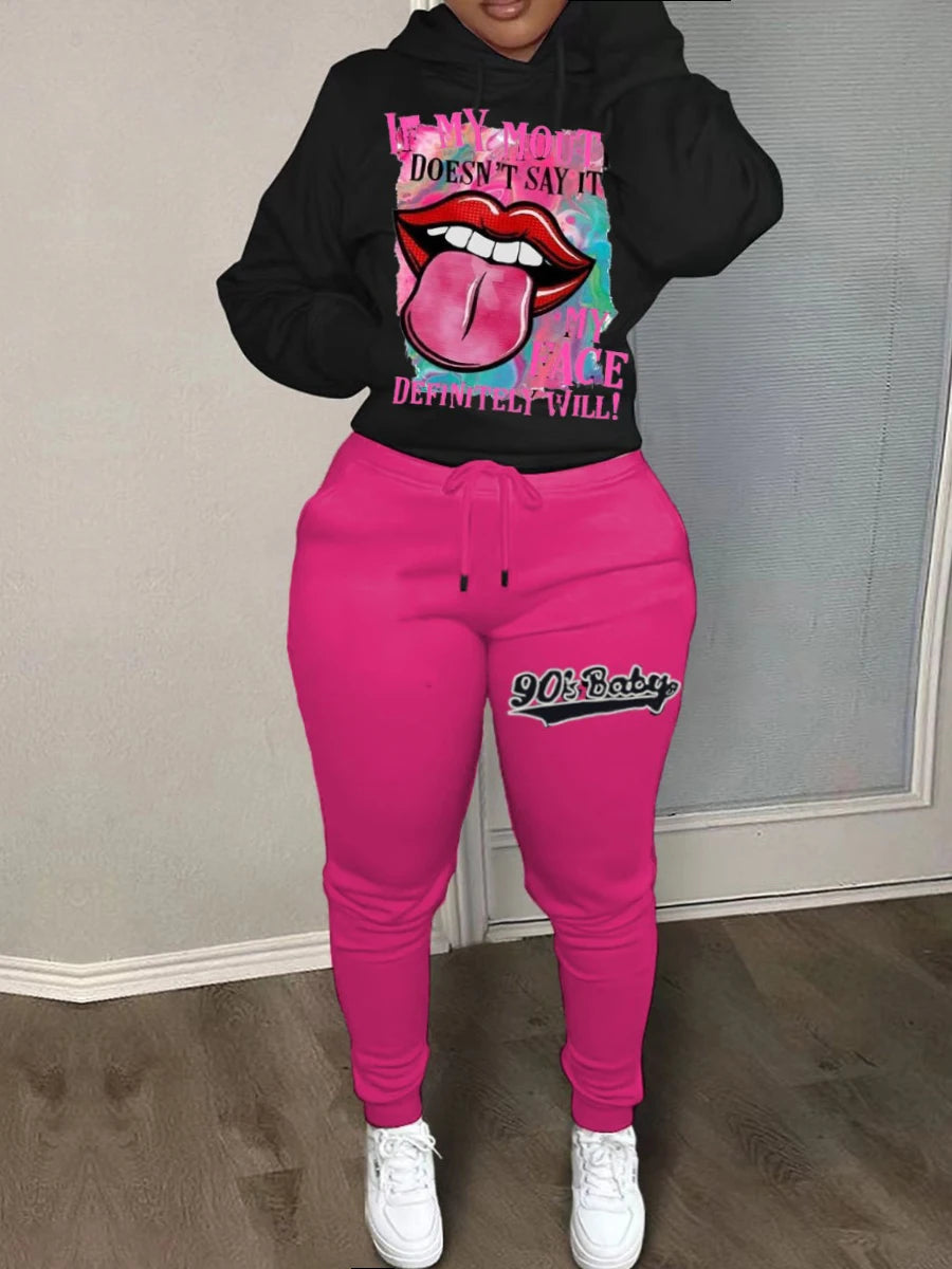 Plus Size Lips Letter Print Kangaroo Pocket Tracksuit Autumn Winter Long Sleeve Hoodies