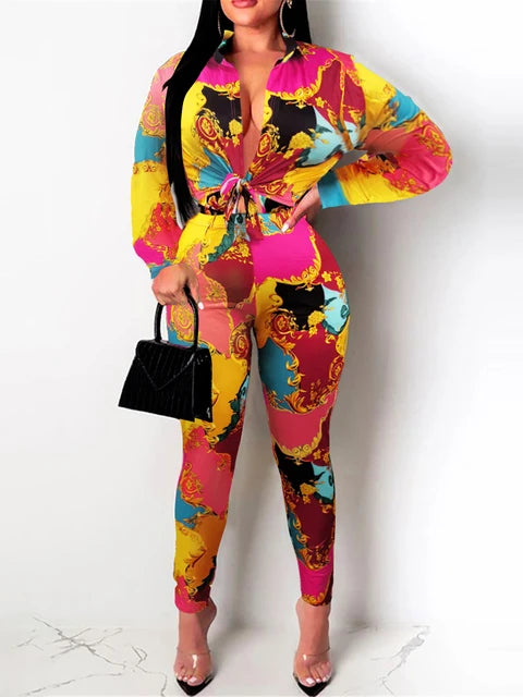 Conjunto de pantalones de corte regular con estampado mixto de talla grande, moda nueva 2025, camisa de manga larga, pantalón largo holgado y ajustado informal, dos piezas