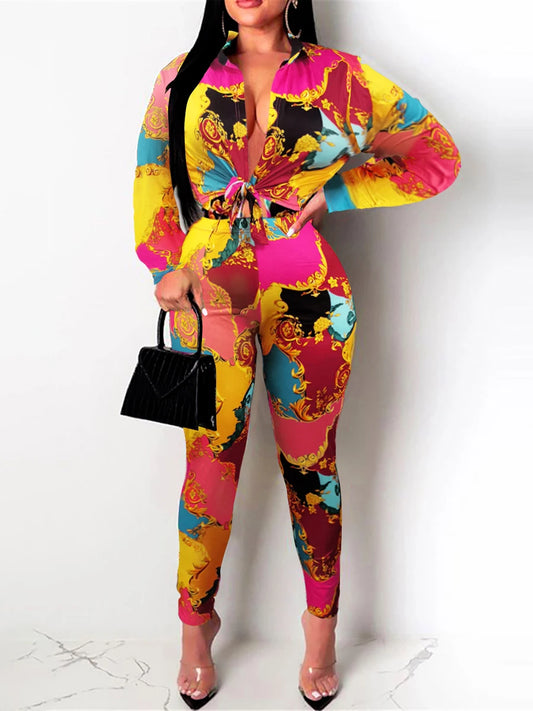 Conjunto de pantalones de corte regular con estampado mixto de talla grande, moda nueva 2025, camisa de manga larga, pantalón largo holgado y ajustado informal, dos piezas