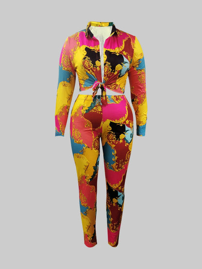 Conjunto de pantalones de corte regular con estampado mixto de talla grande, moda nueva 2025, camisa de manga larga, pantalón largo holgado y ajustado informal, dos piezas