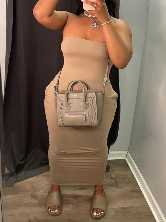 Plus Size Off The Shoulder Pocket Design Dress Summer Strapless Ruched Ankle Length Dress